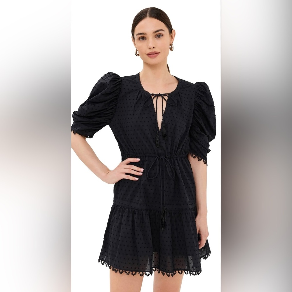 Farm Rio summer garden party mini dress new size XS black puff sleeves
